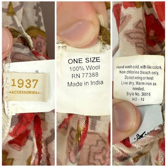 1937 Accessories Wool Floral Fringe Scarf Shawl in Red/Greenish Yellow/Beige - Picture 6 of 6